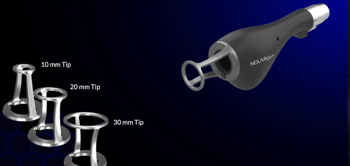 NOUVADerm handpiece with interchangeable 10 mm, 20 mm and 30 mm tips