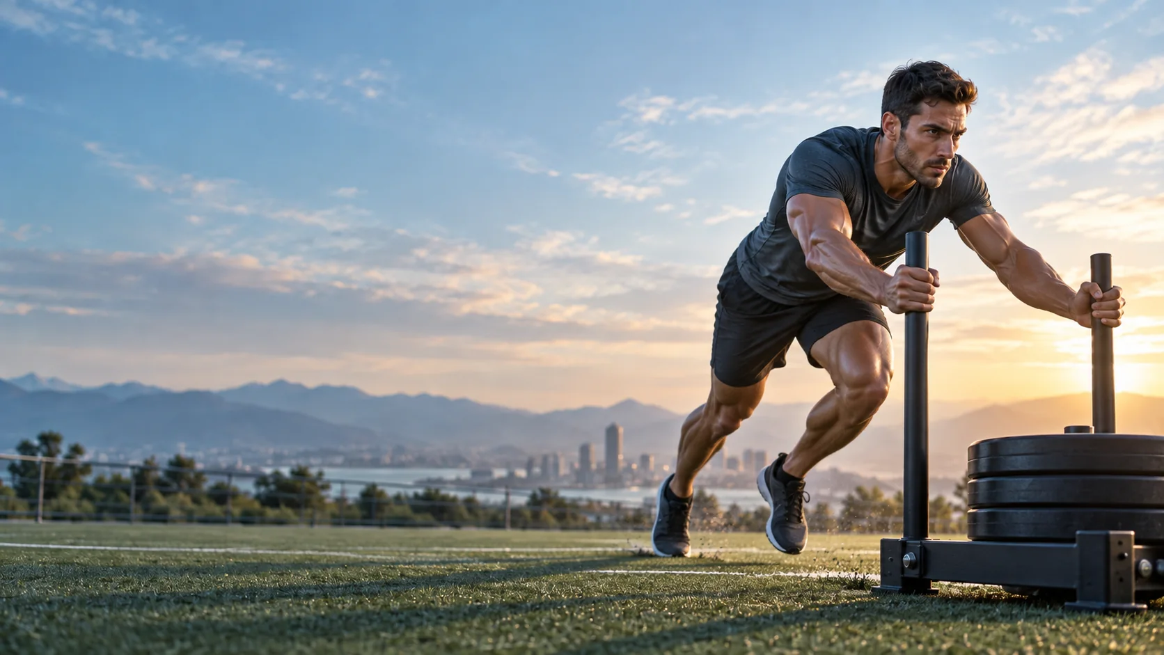 Athlete performing a sled push